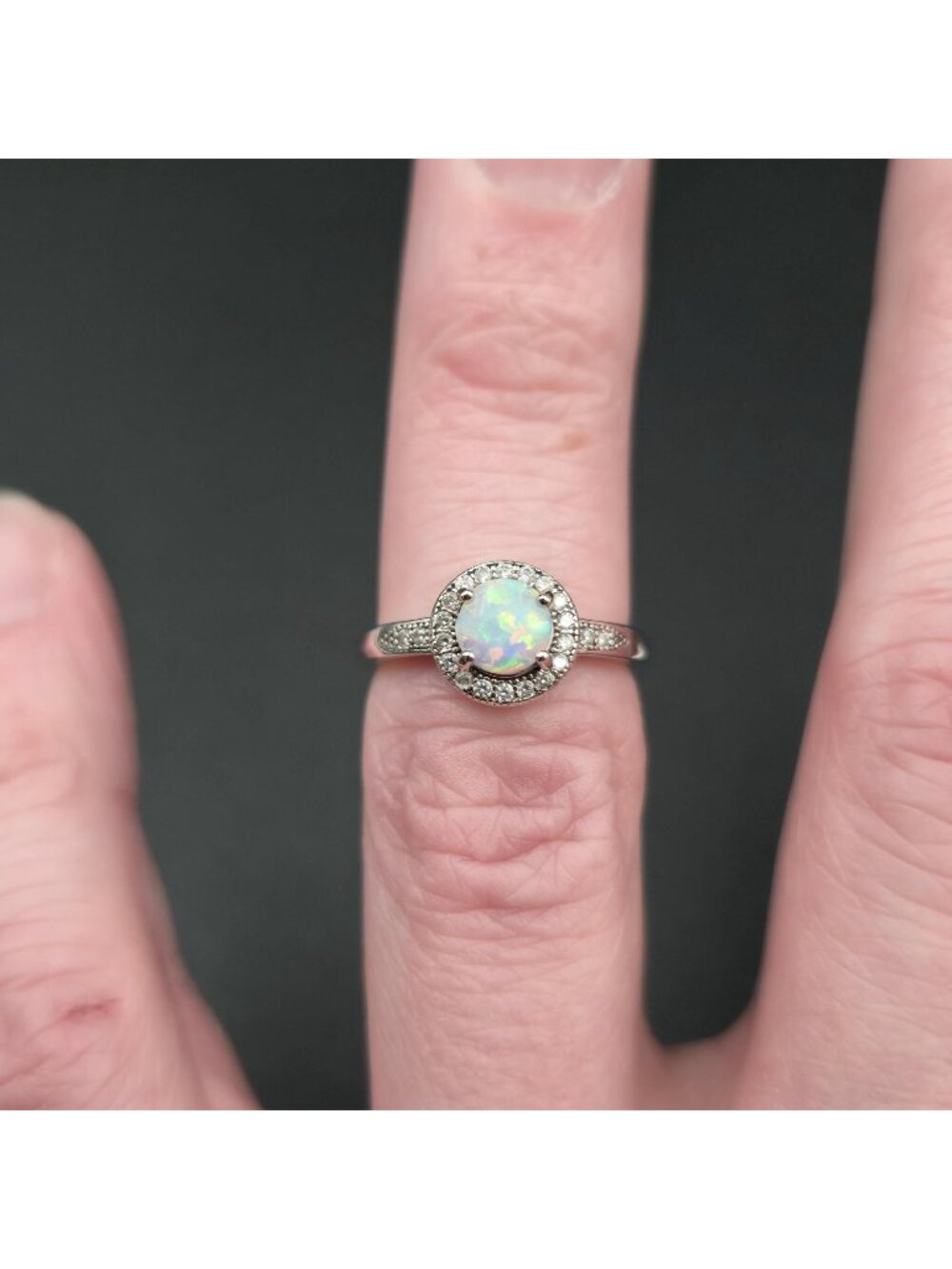 Size 5 Sterling Silver Round White Opal Halo Ring with Cubic Zirconia Ring A7487 - Picture 4 of 9